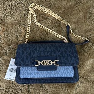 MICHAEL MICHAEL KORS Logo Heather Large Shoulder Bag. Pale Blue/Navy Blue